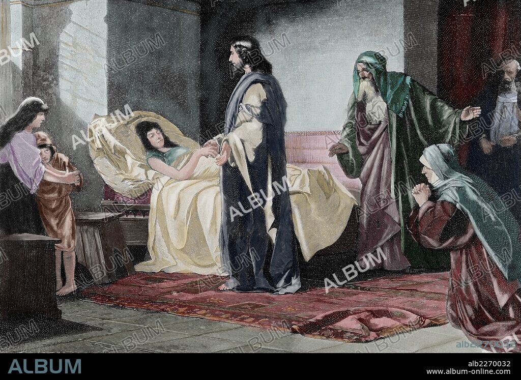 NUEVO TESTAMENTO. LA RESURRECCION DE LA HIJA DE JAIRO. Grabado según cuadro de H. Rauchinger. Grabado por Rusing. "La Ilustración Artística", año 1886. Coloreado.