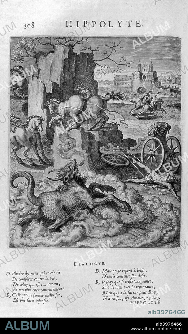 'Hippolytus', 1615. In Greek mythology, Hippolytus (Greek for loose horse) was a son of Theseus and either Antiope or Hippolyte. He was identified with the Roman forest god Virbius. A plate from Les Images Ou Tableaux De Platte Peinture Des Deux.
