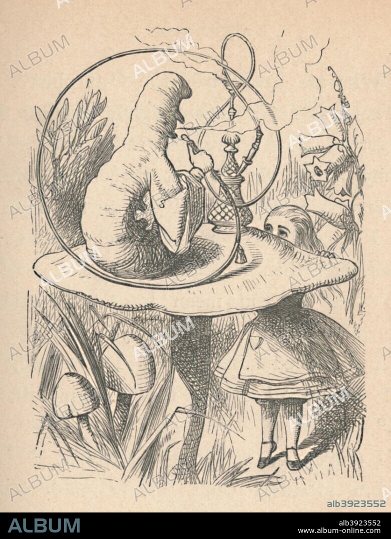 'Alice and the caterpillar', 1889. Lewis Carroll's (1832-1898) 'Alice in Wonderland' as illustrated by John Tenniel (1820-1914). From Alice's Adventures in Wonderland by Lewis Carroll. [Macmillan & Co., New York, 1889].