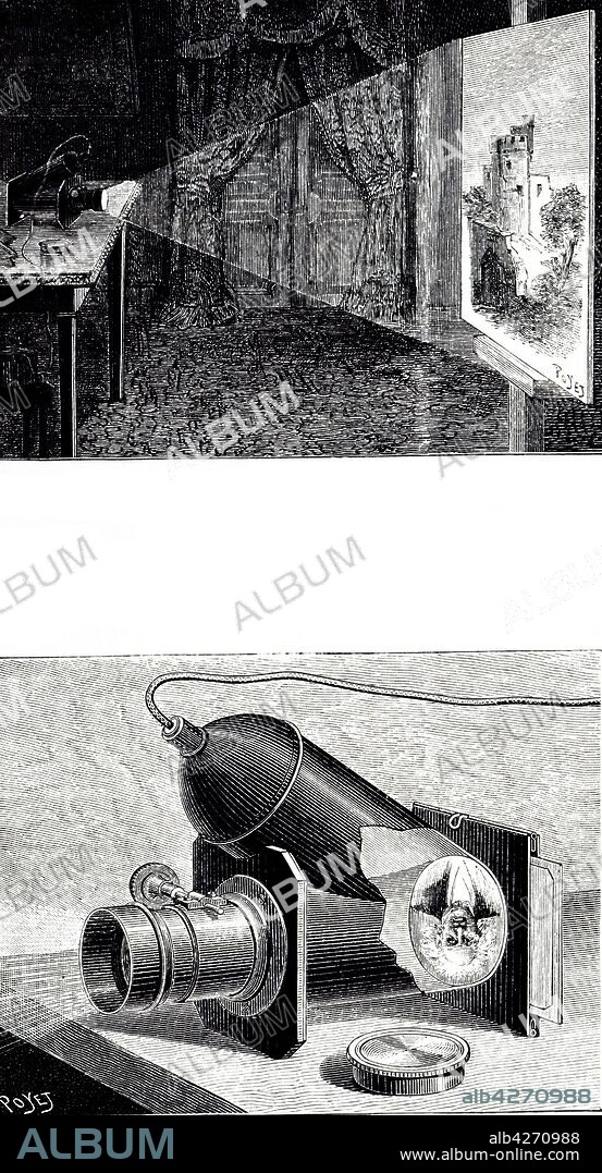 An engraving depicting Gustave Trouve's megascope for projecting opaque pictures and objects onto a screen. Gustave Trouve (1839-1902) a French electrical engineer and inventor. Dated 19th century.