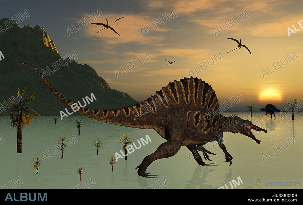 A pair of carnivorous Spinosaurus hunting for fish during the Cretaceous Period.