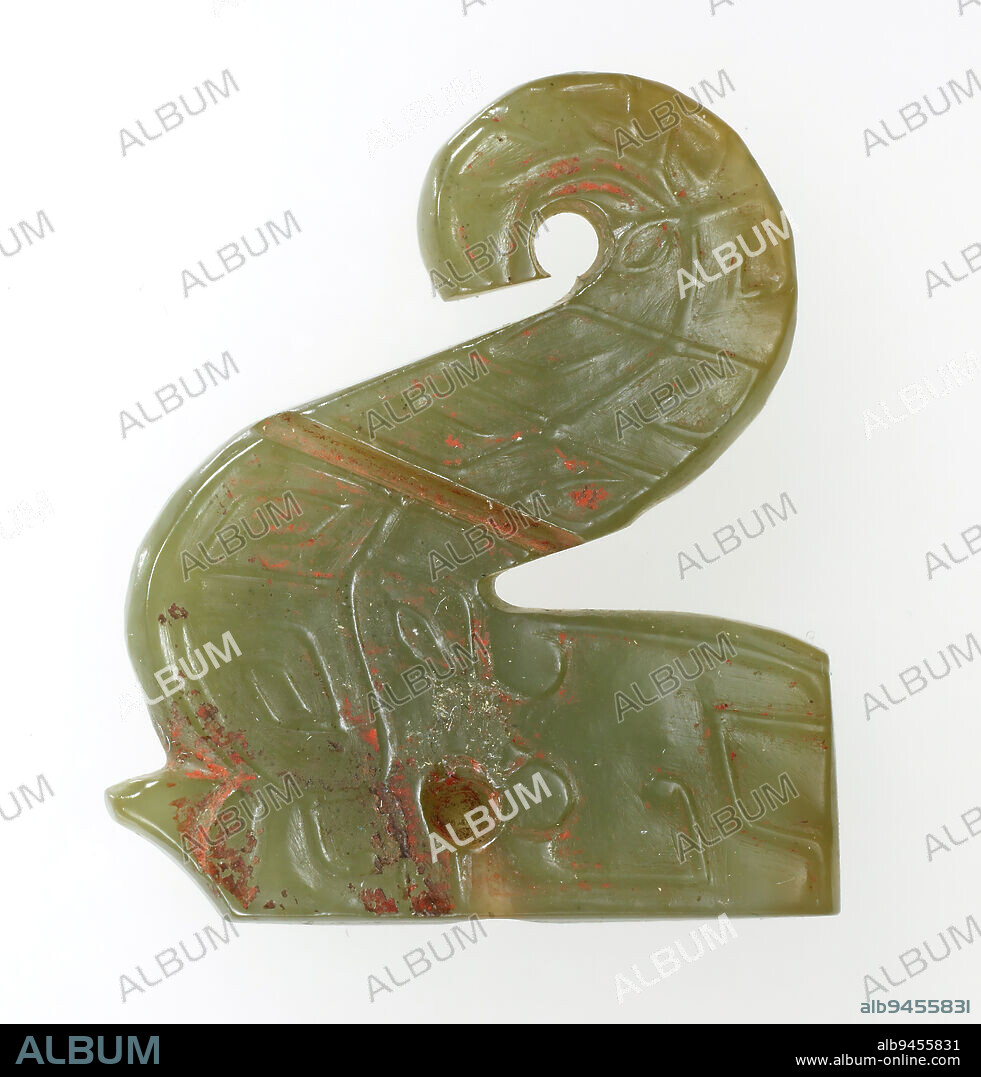 Dragon Pendant, 1600-1100 BCE, 1 1/4 x 1 7/16 x 3/16 in. (3.18 x 3.65 x 0.48 cm), Translucent olive-green jade with traces of red pigment, China, 16th-11th century BCE.