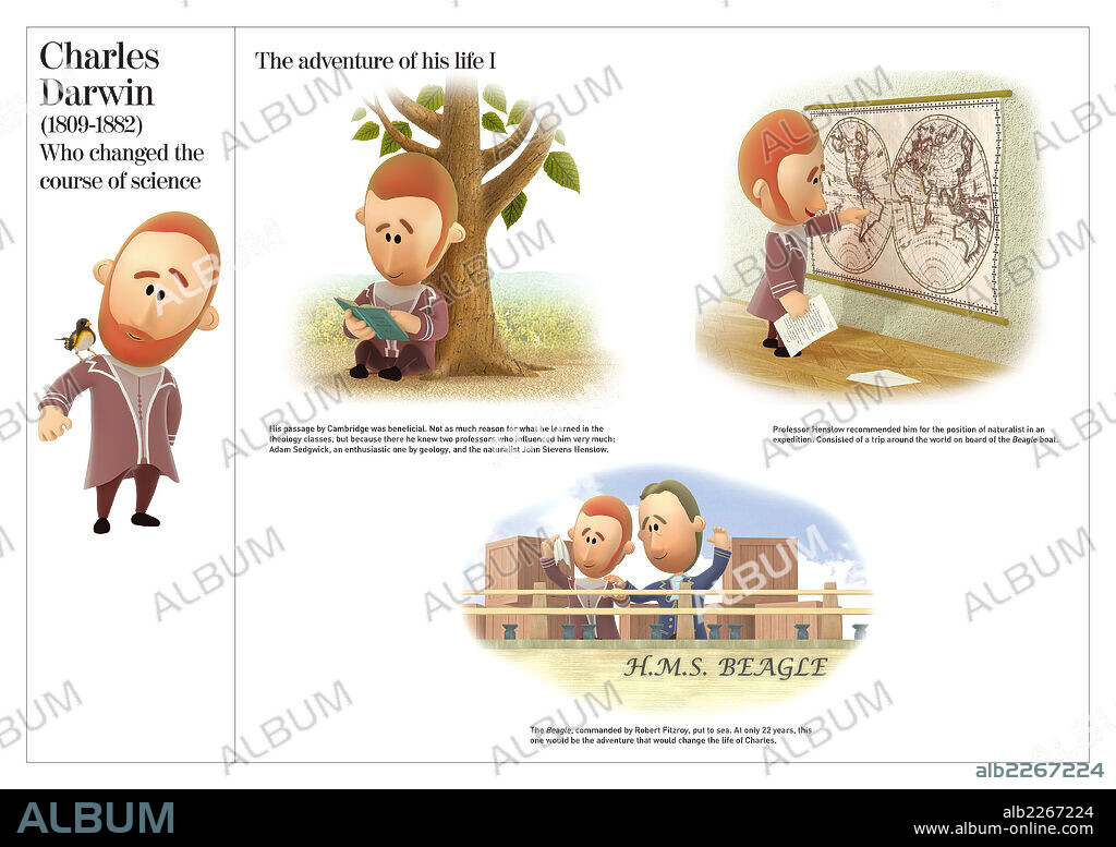 charles darwin. Ilustraciones de la biografía de Charles Darwin, el naturalista inglés que cambió el rumbo de la ciencia (1809-1882).