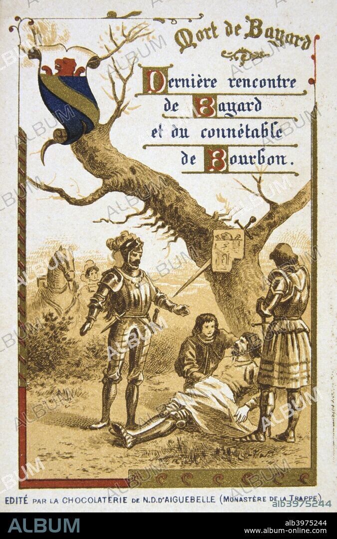 Scene from the life of Bertrand du Guesclin, (19th century). Death of Bayard. Last meeting of Bayard and the commander of the armies of Bourbon. French knight Pierre Terrail of Bayard (c1476-1524) known in legend as the chevalier sans peur et sans reproche (fearless and blameless knight), had such a reputation for bravery that incredible stories were told of him. Bertrand du Guesclin (c1320-1380) entered the service of Charles of Blois, duke of Brittany, fighting against the invading English. Du Guesclin won the throne of Castile and León for Henry, who became King Henry II. In 1370 Du Guesclin was made constable of France by Charles V, and until his death worked to drive the English out of France. Colour lithograph produced by the Monastery of Aiguebelle.