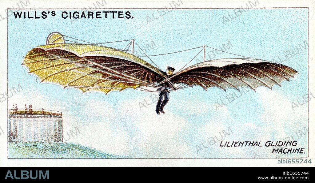 Otto Lilienthal (1848-1896) German gliding pioneer and aeronautical inventor, flying one of his gliders. He made about 2,000 flights before being killed. From set of cards on aviation published 1910. Chromolithograph.