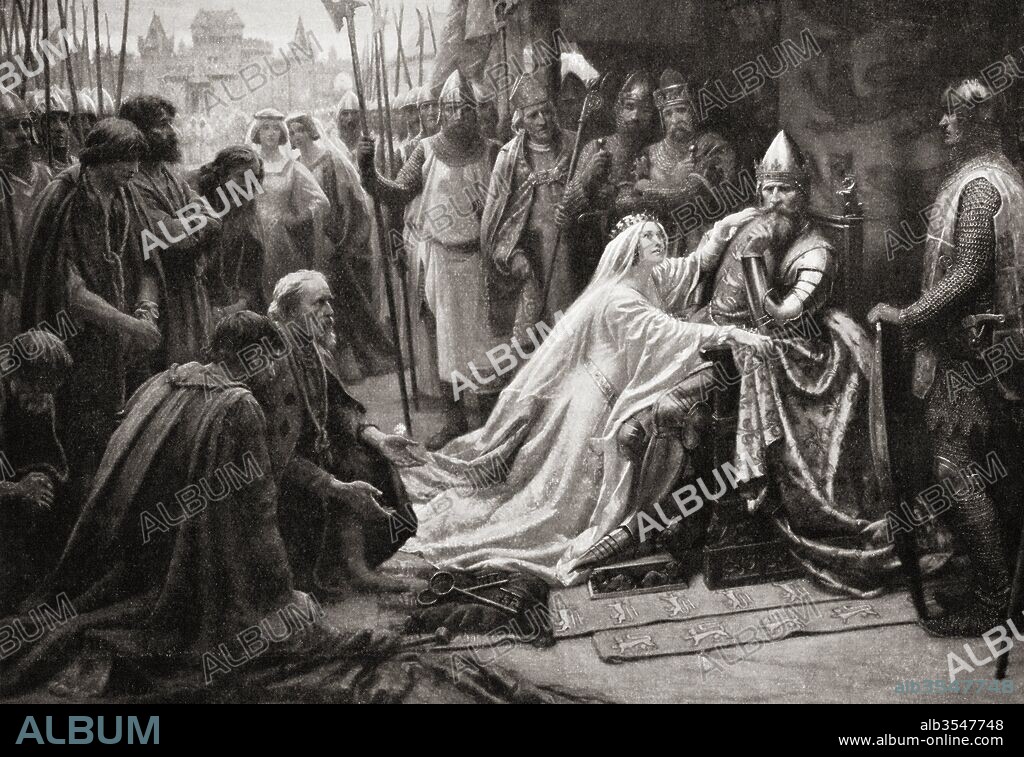 The wife of King Edward III, queen Philippa of Hainault, intercedes before her husband to ask that the lives of the seven Burghers of Calais be spared. From Hutchinson's History of the Nations, published 1915.