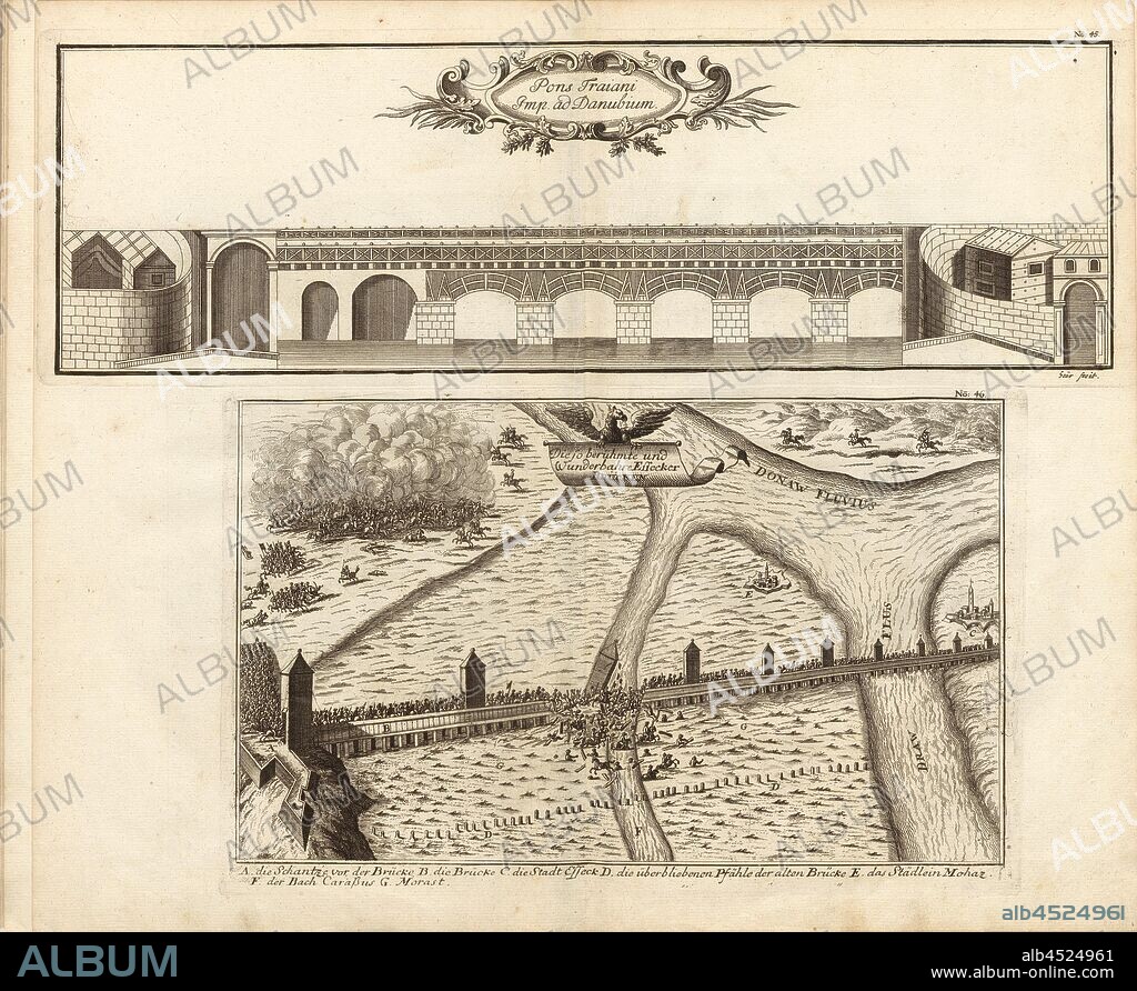 Pons Traiani Imp. Ad Danubium and The so famous and wonderful Essecker bridges, Trajan's Bridge over the Danube and Süleyman Bridge over the Drau near Osijek (Croatia), Signed: Stör fecit, Fig. 37, no. 45 u., 46, after p. 96, Stör, Johann Wilhelm (sc.); Breitkopf, Bernhard Christoph (ed.), 1735, Carl Christian Schramm: Historischer Schauplatz in welchem die merkwürdigsten Brücken aus allen Theilen der Welt, insonderheit aber die in den vollkommensten Stand versetzte Dresdner Elb-Brücke, in saubern Prospecten, Münzen und andern Kupferstichen, vorgestellet und beschrieben werden. Leipzig: Bey Bernhard Christoph Breitkopf, 1735.