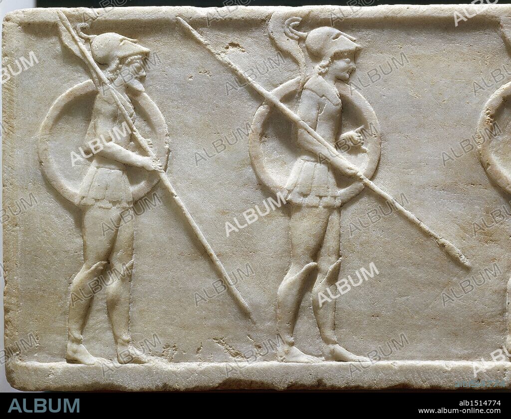 Greek civilization, 5th century b.C. Plinth of kouros statue depicting Hoplites and a horse-drawn chariot, circa 490 b.C. Detail: Hoplites holding a shield and a spear.