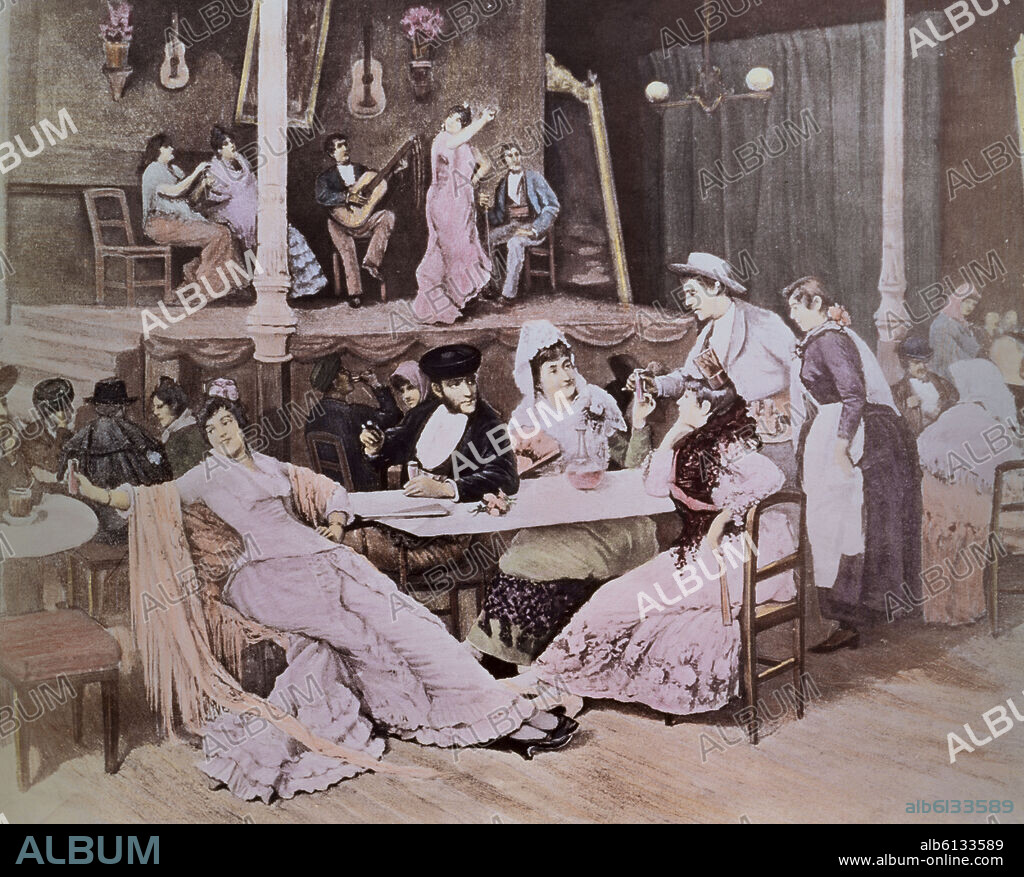 ALARCON JOSE. CAFE CANTANTE - 1878 - GRABADO COLOREADO REALIZADO A PARTIR DE UN CUADRO DEL PINTOR JOSE ALARCON.