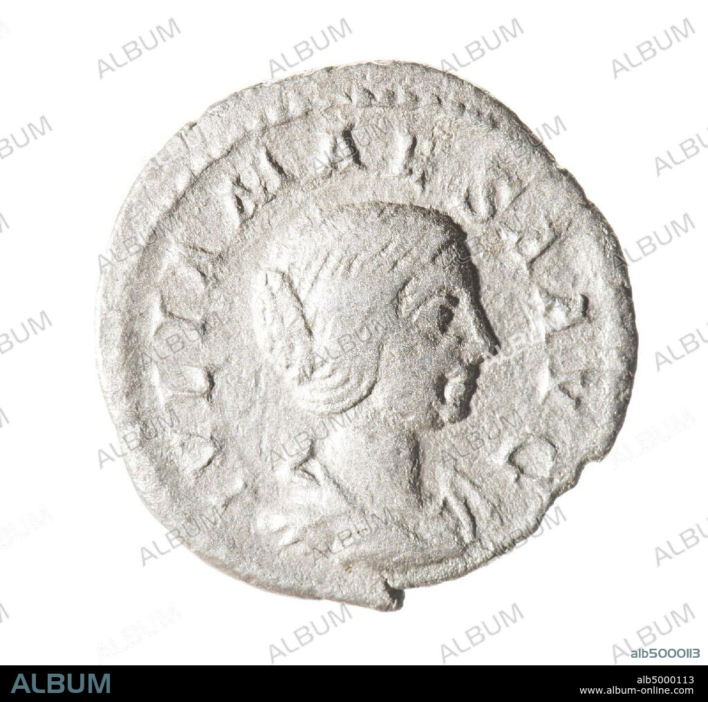 Obverse: Julia Maesa, dressed on the right. Worn, remains of inscription: IVLIA MAESA AVG. Reverse side: Pudicitia, holding veil up with right hand and holding staff with left hand. Inscription is worn out: PVDICITIA, coin, denarius of Julia Maesa, grandmother of Elagabalus, metal, silver, diam: 1.9 cm, w. 1.69 grams, 218-222 AD, unknown.