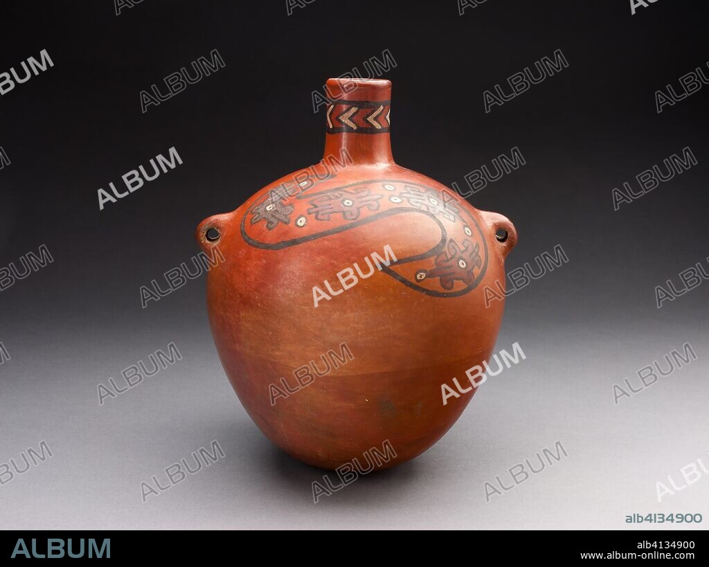 Globular Jar with Abstract Forms in Spirals on Shoulder. Tiwanaku-Wari; South coast Peru or northern Bolivia. Date: 600 AD-1000. Dimensions: 23.2 × 19.1 cm (9 1/8 × 7 1/2 in.). Ceramic and pigment. Origin: Bolivia.