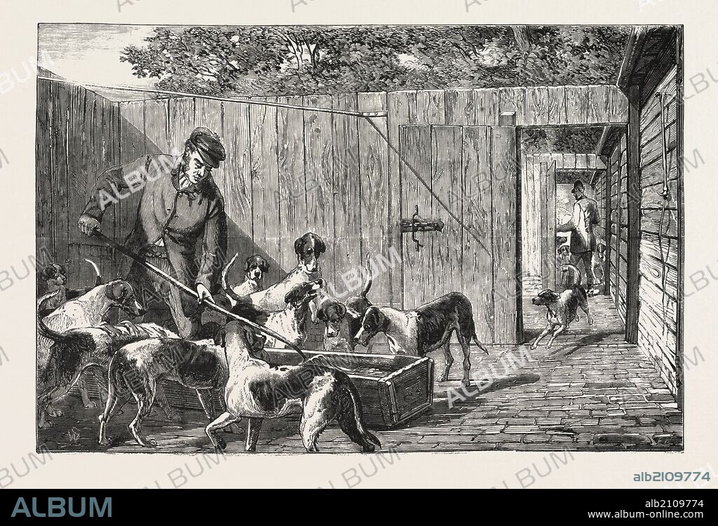 FOX HUNTING, BREAKFAST TIME AT THE KENNELS, HUNT, ENGRAVING 1876, UK, britain, british, europe, united kingdom, great britain, european.