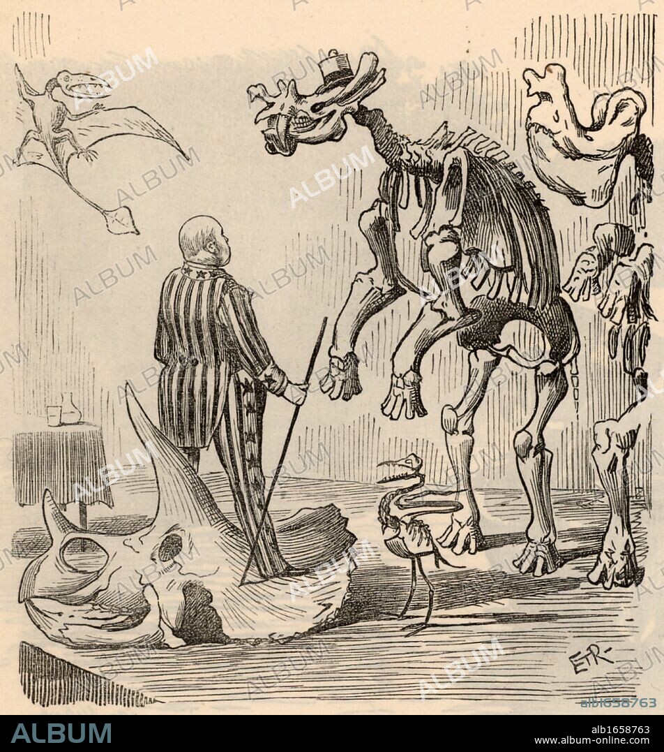 Othniel Charles Marsh (1831-1899) American palaeontologist. First professor of palaeontology at Yale university. Marsh discovered some 1,000 fossil vertebrates and organised expeditions, especially in Nebraska and Colorado. Cartoon from "Punch" (London, 13 September 1890).  (Photo by: Universal History Archive/UIG via Getty Images).