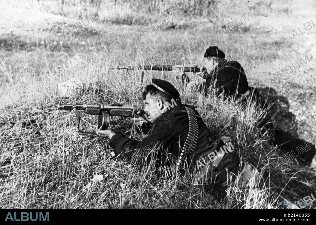 The defence of sevastopol, crimea, red navy automatic rifle men firing the enemy, in march 1942.