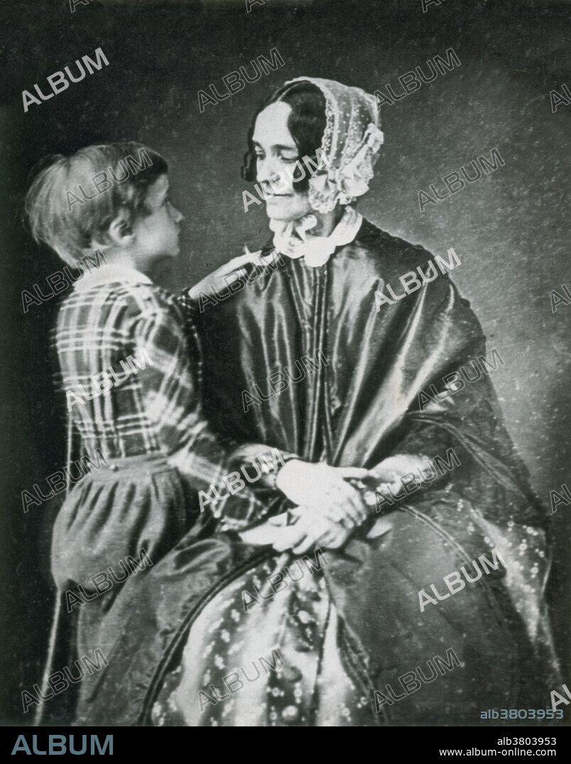 Jane Pierce with her son, Benjamin taken several years before his death in 1953. Jane Means Appleton Pierce (March 12, 1806 - December 2, 1863), wife of US President Franklin Pierce, was First Lady of the United States from 1853 to 1857. Franklin, 30, married Jane, 28, on November 19, 1834. The Pierces had genuine affection for one another, but quarreled often and gradually drifted apart. She opposed his decision to run for president. When her son Bennie was killed in a train accident before Pierce was sworn in as President, she believed God was displeased with her husband's political ambitions. After the deaths of her children, she was overcome with melancholia and distanced herself during her husband's presidency. She never recovered from the tragedy. She died of tuberculosis in 1863 at the age of 57. Photographer unknown.