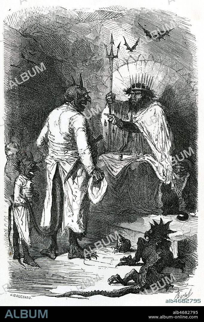 PLUTON roi des Enfers fait appeler son majordome. gravure de Bertall in le Livre des Merveilles par Nathaniel Hawthorne, Editions Hachette, 1858. Collection KHARBINE-TAPABOR.