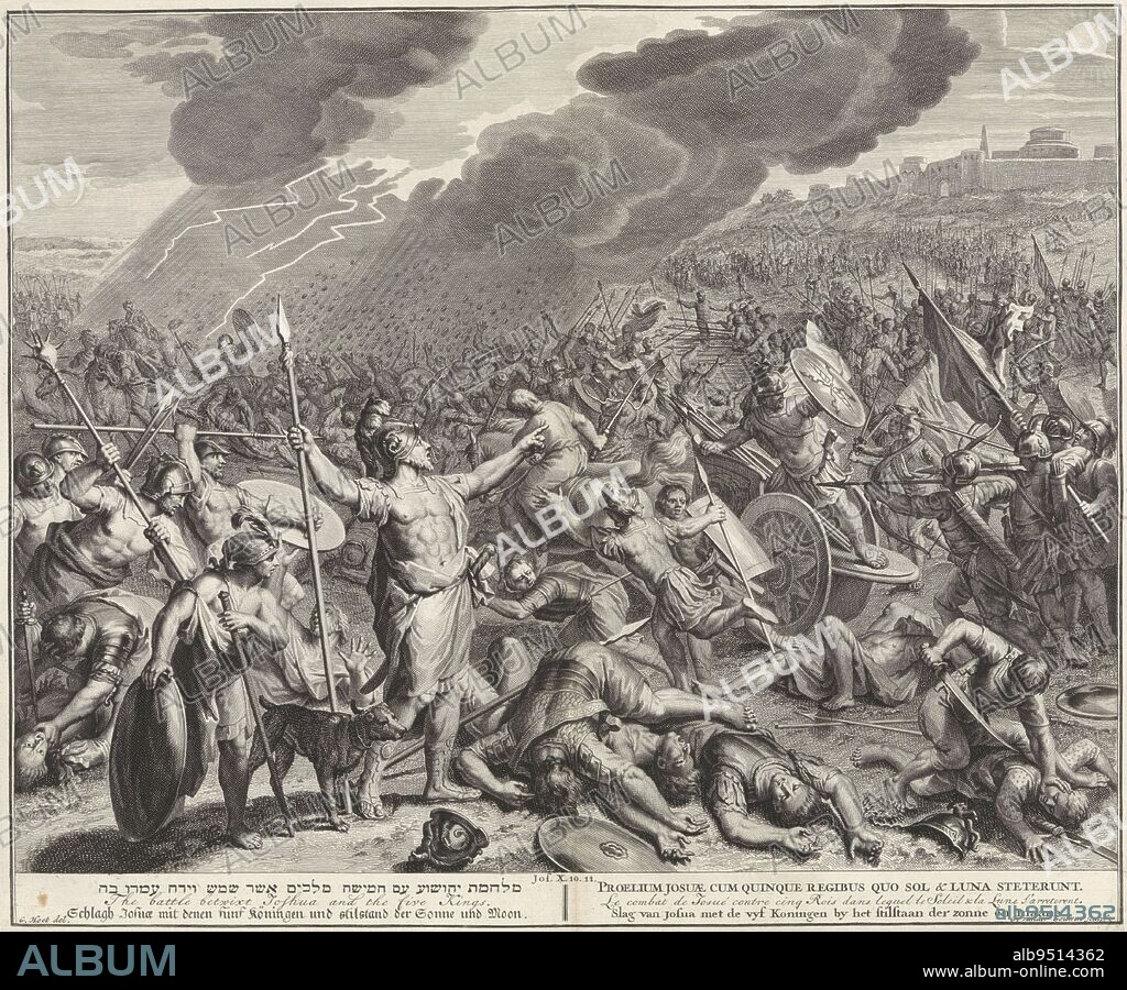 Battle of Gibeon, Gilliam van der Gouwen, after Gerard Hoet (I), 1728, The Israelites are fighting at Gibeon against the armies of five Amorite kings. God sends hailstones and lightning that drive out the enemy. Joshua in armor in the foreground. To the right in the sky the sun and to the right the moon. (Josh. 10:10-11). The print has a Hebrew, Latin, French, English, German and Dutch caption., print maker: Gilliam van der Gouwen, (mentioned on object), intermediary draughtsman: Gerard Hoet (I), (mentioned on object), publisher: Pieter de Hondt, print maker: Amsterdam, publisher: The Hague, 1728, paper, etching, engraving, w 435 mm × h 355 mm.