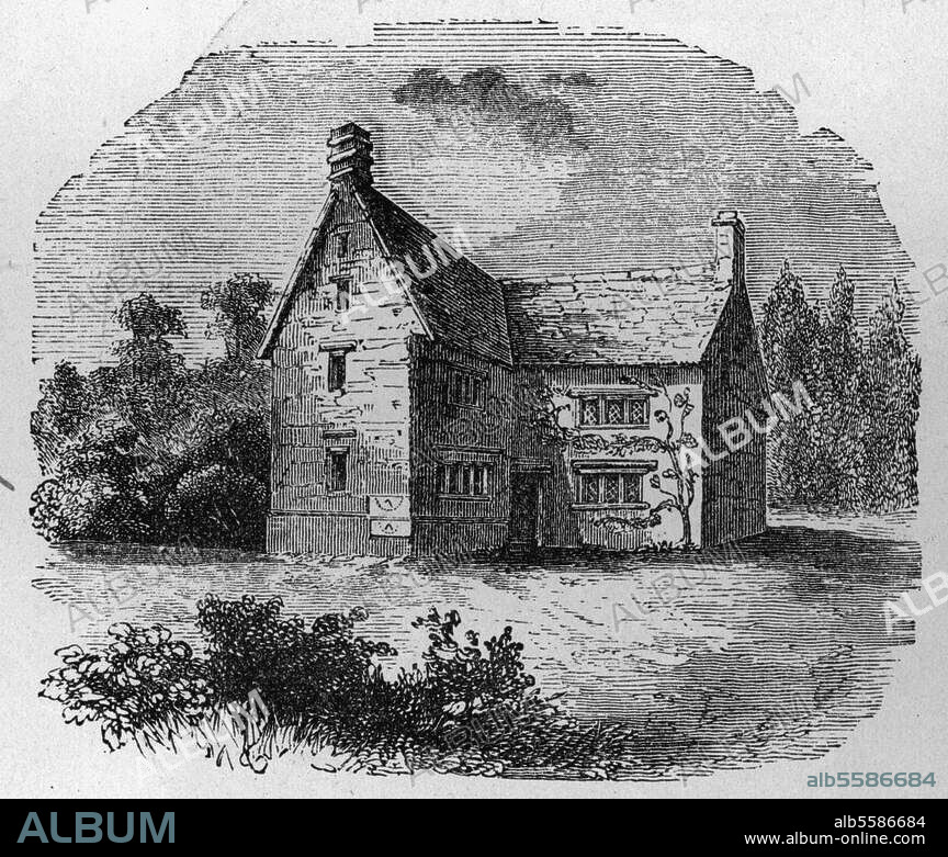 ANONYME. Newton, Sir Isaac ; physicien et mathématicien anglais . 1643-1727. Manoir de Woolsthorpe près de Grantham dans le Lincolnshire, maison natale de Newton. :. Vue extérieure. Gravure sur bois, v. 1890.