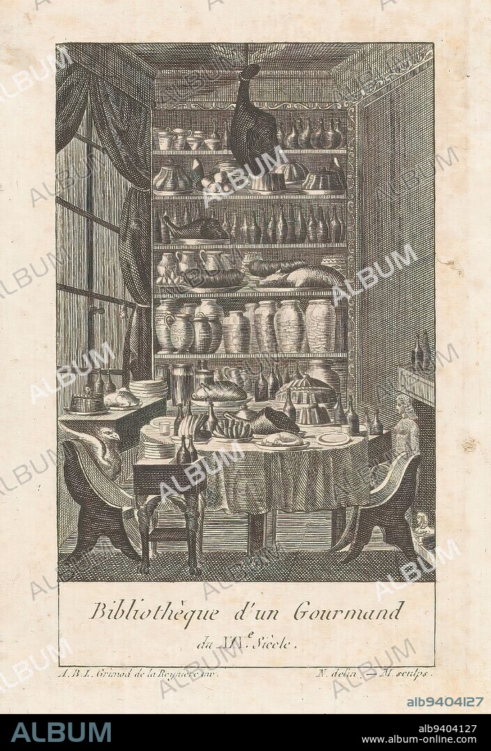 Library filled with food, Title page for: Grimod de la Reynière, Almanch des Gourmands, 1803, Bibliothèque d'un Gourmand du XIXe Siècle (title on object), Interior with a richly laid table, foodstuffs on the shelves of the bookcase and a ham as a chandelier., print maker: Monogrammist M (19e eeuw), (mentioned on object), after drawing by: Monogrammist N (19e eeuw), (mentioned on object), after design by: Alexandre Balthazar Laurent Grimod de La Reynière, (mentioned on object), Paris, 1803, paper, engraving, height 140 mm × width 103 mm.