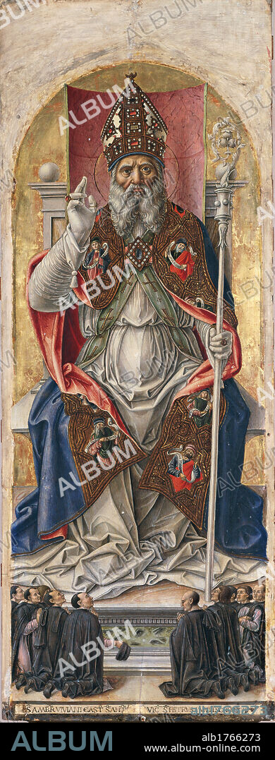 Polyptych with St. Ambrose blessing, some devotees with the saints Louis, Peter, Paul and Sabastian, by Vivarini Bartolomeo, 15th Century, 1477, panel gold ground, cm 125 x 47. Italy, Tuscany, Pisa, Volterra, Palazzo Minucci-Solaini, Civic Museum and Picture Gallery. Authorization required for non editorial use.