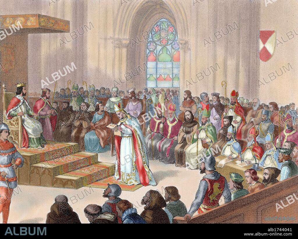Third Council of Toledo (589), chaired by Reccared I (d. 601), Visigothic King of Hispania, Septimania and Galicia (586-601). Nineteenth-century colored engraving. Spain.