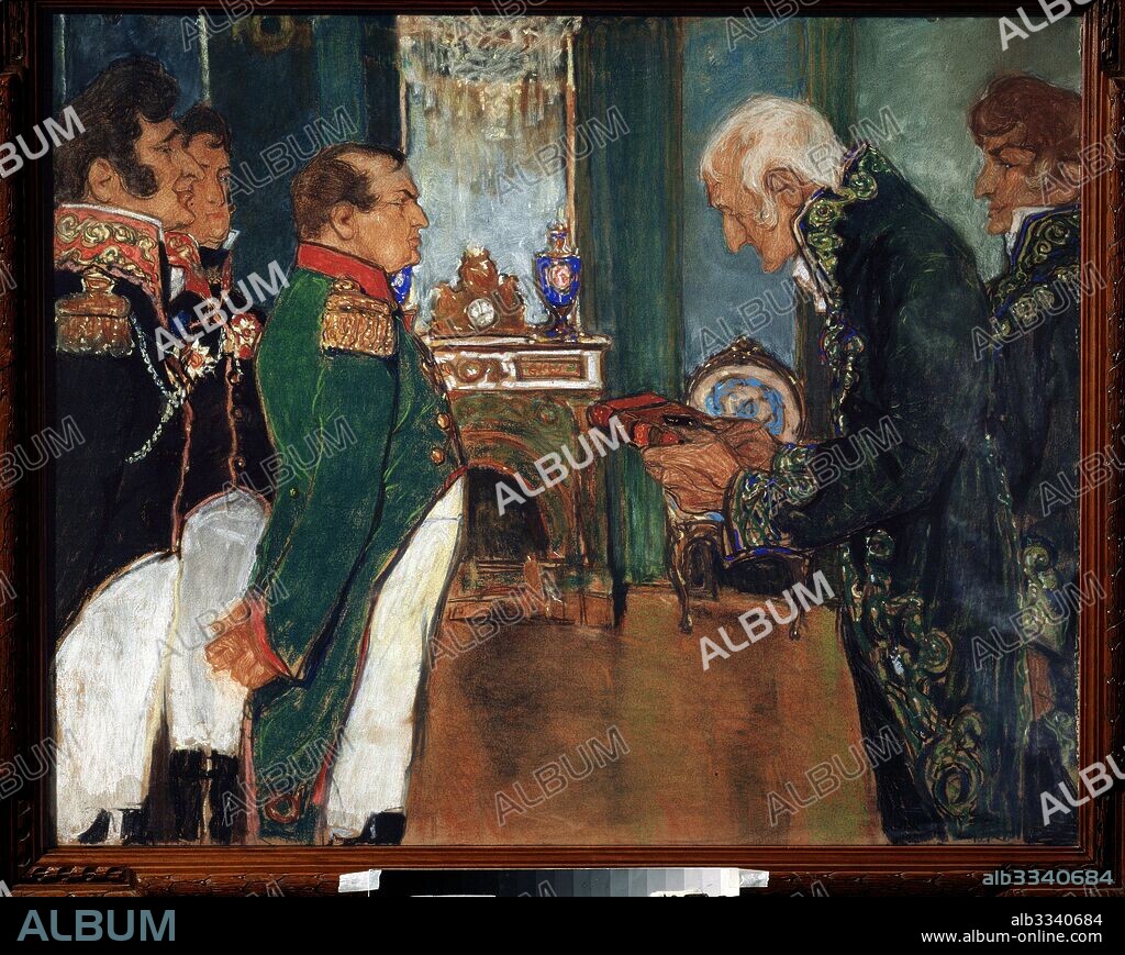 MIKHAIL DMITRIEVICH EZUCHEVSKY. Lamarck handing over of the book "Zoological Philosophy" to Emperor Napoléon Bonaparte.