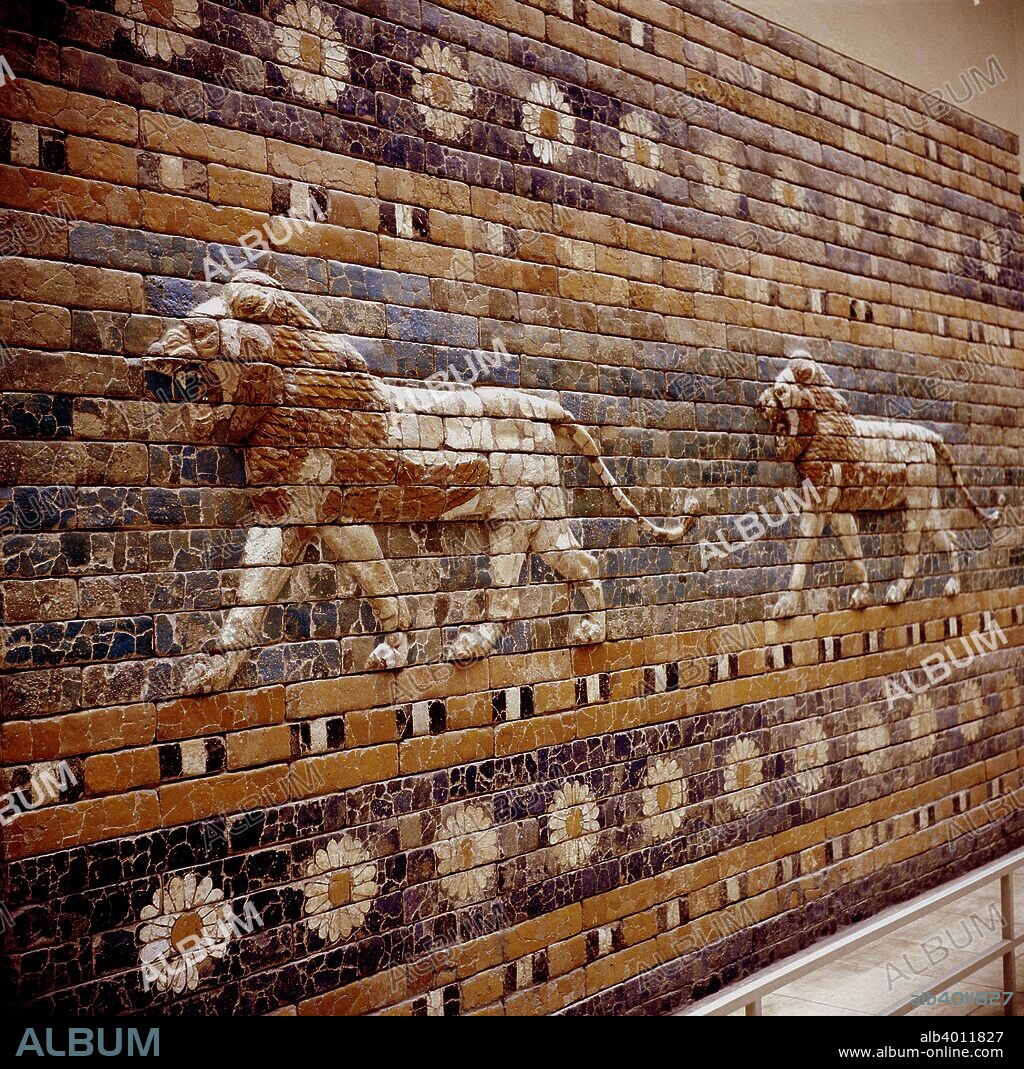 Glazed Brick relief of a lion on the walls of the Sacred Way leading to the Ishtar Gate, Babylon, c580 BC. In the collection at the Pergamon Museum in Berlin.