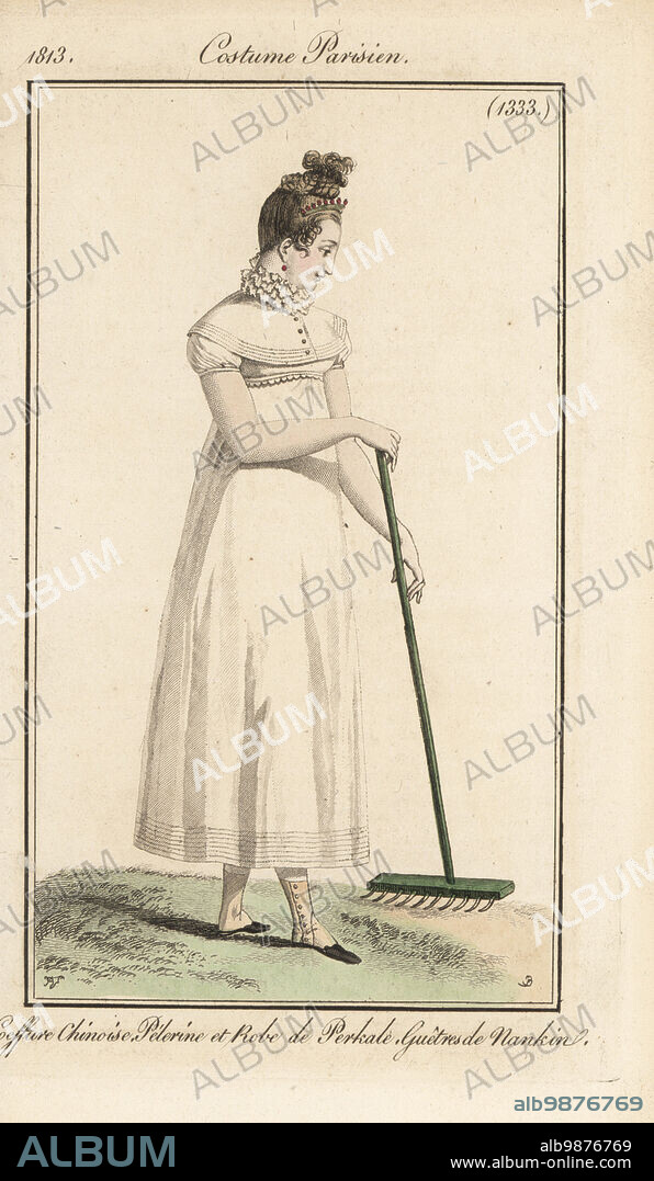 French beauty raking a garden, 1813. She wears her hair tied up in the Chinese style, dress with cape collar in percale cotton, Nankeen cotton gaiters. Coeffure Chinoise, Pelerine et Robe de Perkale, Guetres de Nankin. Handcoloured copperplate engraving by Jean Charles Baquoy after a fashion plate by Horace Vernet from Pierre de la Mesangeres Journal des Dames et des Modes, Magazine of Women and Fashion, Paris, 1813.