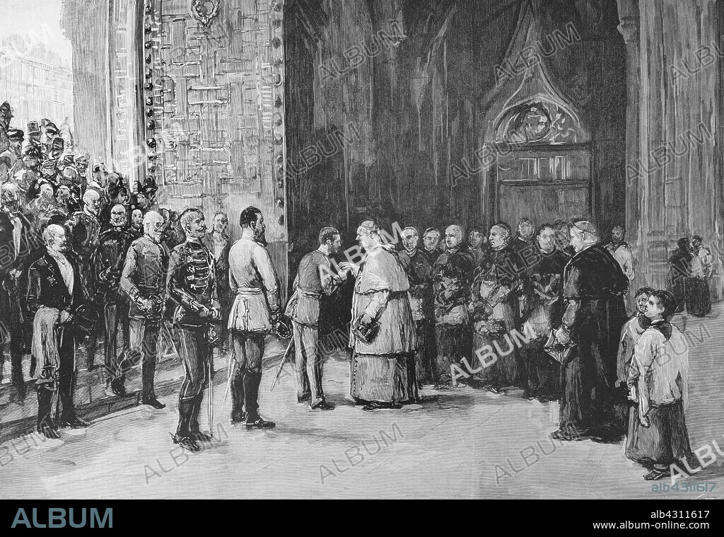 El príncipe heredero Friedrich Wilhelm Nikolaus Karl von Preuben (1831-1888), futuro Federico III de Alemania, de visita a Toledo, España. El rey de España Alfonso XII y el príncipe imperial de Alemania, visitando la catedral. El cardenal Moreno y el cabildo recibiendo, en el atrio de la Puerta del Perdón, al rey Alfonso XII y al príncipe alemán. Visita realizada el 27 de noviembre de 1883. Grabado por Arturo Carretero (1852-1903). La Ilustración Española y Americana, 8 de diciembre de 1883.