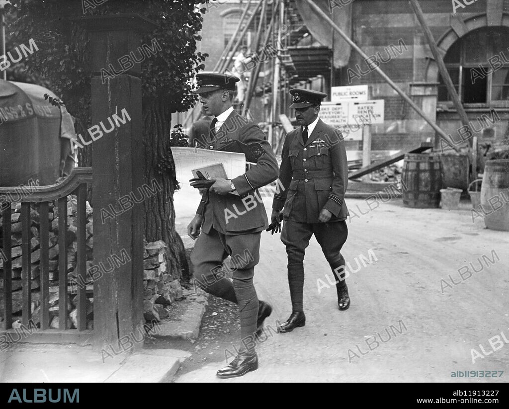 Inquest of Lord Knebworth . The inquest on Lord Kenbworth , MP , the Earl of Lytton ' s heir who , with Leading Aircraftsmen Harrison , was killed in a crash in an RAF Hawker Hart at Hendon on 1 May 1933 , took place at Hendon , London . Photo shows ; Flight Lieutenant E J Frogharty and Flying Office G R A Ellesmere ( carrying papers ) arriving for the inquest . 4 May 1933. 4 May 1933.