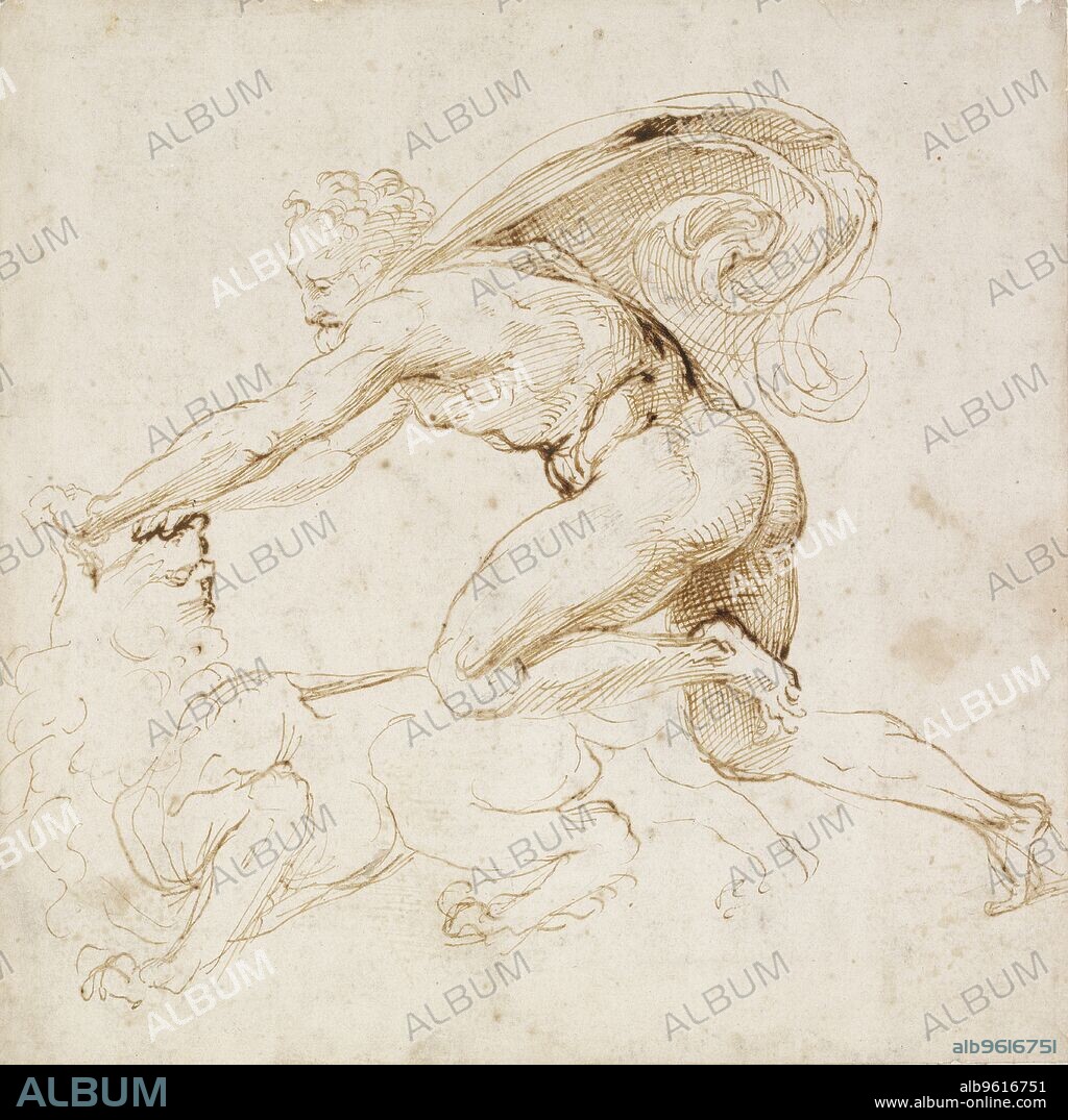 RAPHAEL. Recto: Hercules overpowering a Lion, c1500-1520. Verso: Head of a Woman.