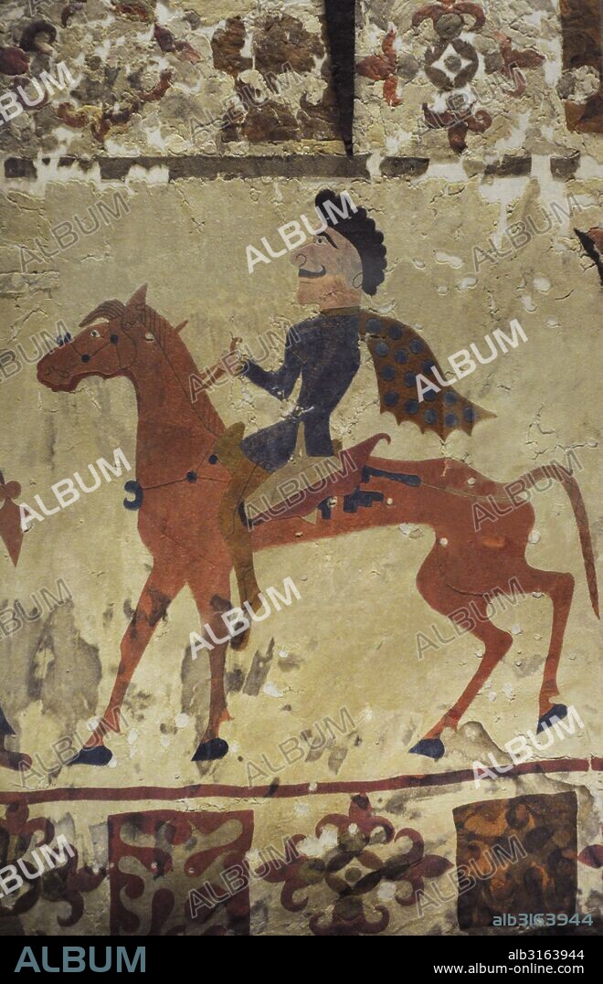 Pazyryk culture. Scythian Iron Age archaeological culture. 6th-3rd centures BC. Siberia. Carpet. Detail. Horseman, felt artifact, c. 3000 BC.