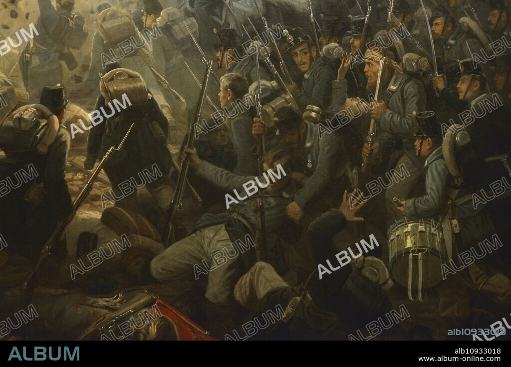 RAFFAELE PONTREMOLI (1832-1906). ITALIAN PAINTER.. Unificación Italiana. Segunda Guerra de la Independencia Italiana o Guerra Franco-Austríaca, 1859. Batalla de Palestro (30 y 31 de mayo de 1859). Las tropas austríacas fueron derrotadas por un ejército combinado piamontés y francés al mando de Víctor Manuel II. "La Batalla de Palestro (31 de mayo de 1859)". Pintura por Raffaele Pontremoli (1832-1905). Oleo sobre lienzo, 1860. Detalle. Museo del Risorgimento. Milán. Italia. (En depósito, MIBAC Soprintendenza Belle Arti e Paesaggio, Milán).
