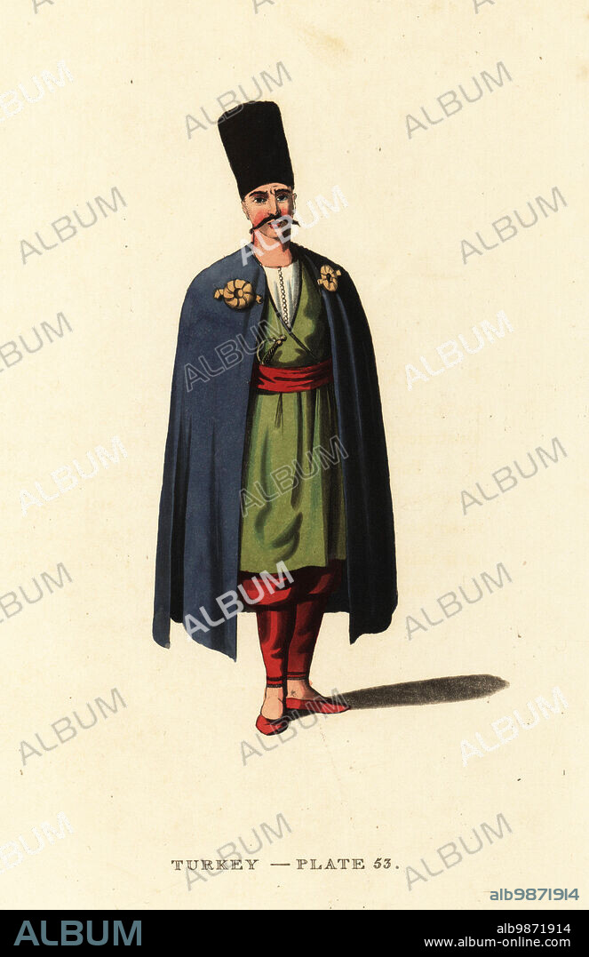 Costume of a Bosniac or man from Bosnia, Ottoman Empire. He wears a tall felt hat, blue cloak, green robe with girdle, scarlet hose and slippers. Handcoloured copperplate engraving after Octavian Dalvimart from William Alexanders translation of Picturesque Representations of the Dress and Manners of the Turks, Thomas MLean, London, 1814.