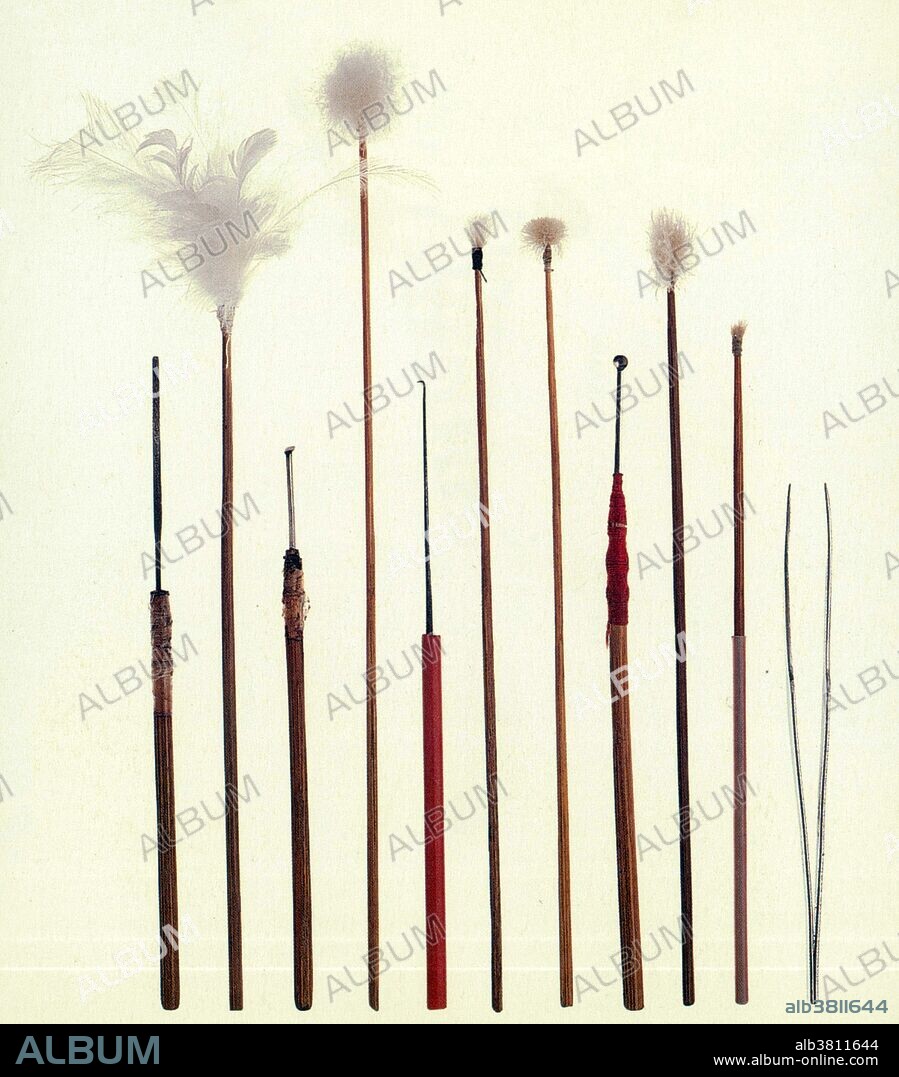 Ear picks, ear scoops, or ear spoons, are a type of curette used to clean the ear canal of earwax (cerumen). These are traditionally made from bamboo or precious metals such as silver or gold, but more commonly from stainless steel or plastic. Ear picks are a commonly used item and preferred for ear wax removal in Asia. The dry type of ear wax is found in persons of Asian descent. Down puff or feathers are located at the opposite end of some of the ear picks and are used to clean out tiny specks of flaky ear wax on the outer ear that may have broken off during the process of ear cleaning. Date of construction not given.