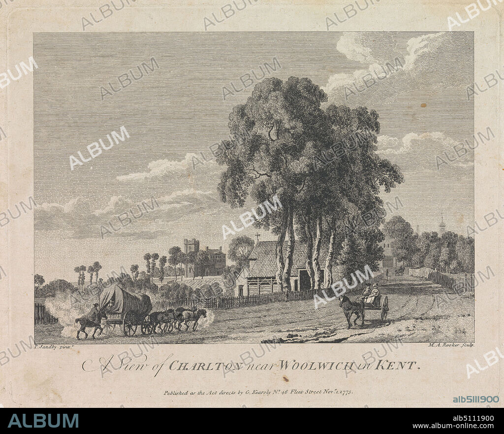 A View of Charlton near Woolwich in Kent, Print made by Michael 'Angelo' Rooker, 17461801, British, after Paul Sandby RA, 17311809, British, 1775, Line engraving on medium, moderately textured, cream laid paper, Sheet: 7 1/2 × 10 1/8 inches (19 × 25.7 cm), Plate: 6 7/16 × 7 15/16 inches (16.4 × 20.2 cm), and Image: 5 1/16 × 7 1/8 inches (12.8 × 18.1 cm), cows, farmhouses, farming, farms, fields, horses (animals), livestock.