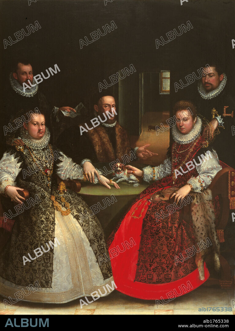 Portrait of the Gozzadini Family, by Lavinia Fontana, 1584, 16th Century, oil on canvas, cm 253 x 192. Italy, Emilia Romagna, Bologna, National Picture Gallery. Acquired in 1922 from the Gozzadini family. All. Family men women fur gorget lace necklace pearls embroidering decorations room dog table green cloth red white black. Authorization required for non editorial use.