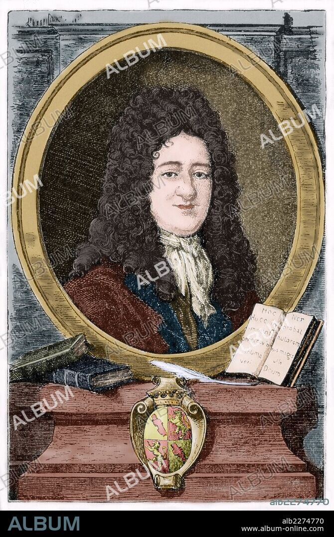 Gottfried Wilhelm Leibniz (1646-1716). German mathematician and philosopher. Engraving in The Universal History, M. Verges, 1917. Colored.
