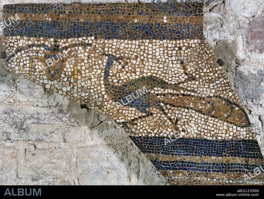 ARTE PALEOCRISTIANO. ESPAÑA. MOSAICO de la antigua basílica de Santa María. Realizado con la técnica "Opus tessellatum" policromado. Fechado en el primer cuarto del siglo IV. Procedente de la Iglesia de Santa Maria de Terrassa. Conservado contra el muro de la misma iglesia. Terrassa. Provincia de Barcelona. Cataluña.