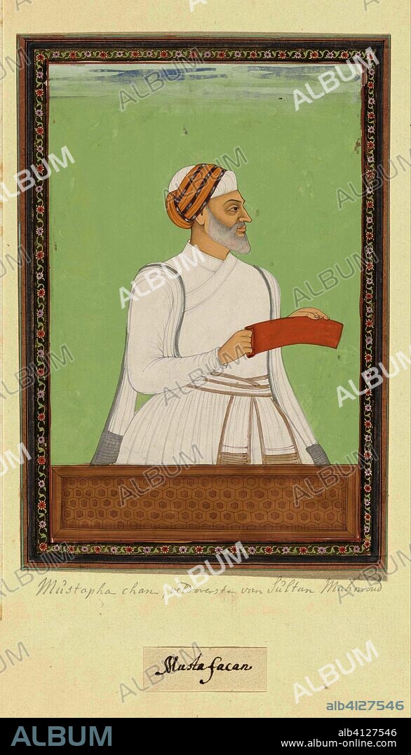 Portrait of Mustafa Khan, who was the supreme commander of Sultan Mahmud. Draughtsman: anonymous. Dating: c. 1686. Place: Golkonda. Measurements: h 203 mm × w 140 mm.
