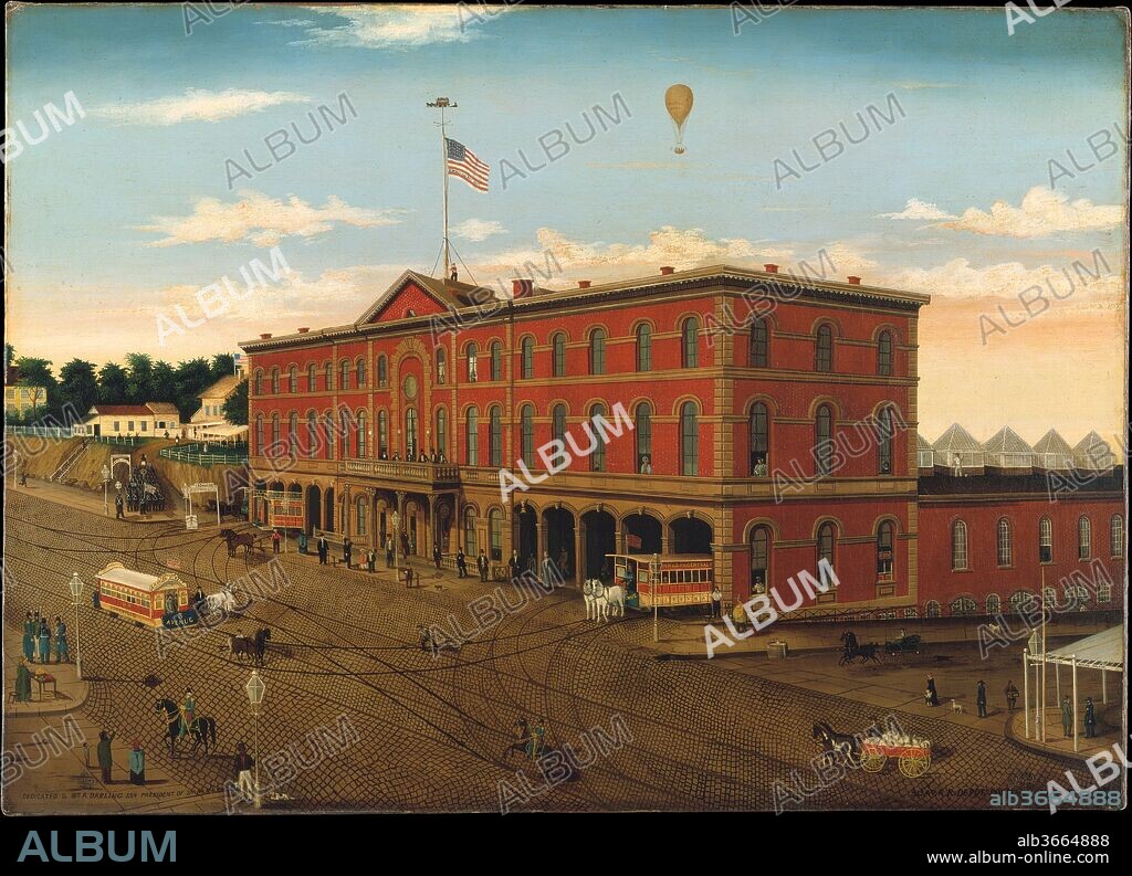 The Third Avenue Railroad Depot. Artist: William H. Schenck (active ca. 1854-64). Dimensions: 36 x 50 in. (91.4 x 127 cm). Date: ca. 1859-60.
Schenck painted this precise representation of the Third Avenue Railroad Company's new depot while serving as the company's superintendent (1856-64). Completed in 1857 (and destroyed just four years later by fire), the handsome brick edifice was located on Third Avenue between 65th and 66th Streets in New York City. In addition to highlighting the contemporary popularity of the horse-drawn streetcar, Schenck also included a hot-air balloon in the sky, identified in tiny letters as the Atlantic. The balloon's owners, John Wise and John LaMountain, hoped to fly it across the Atlantic Ocean to initiate an entirely new form of transportation, but they never succeeded.