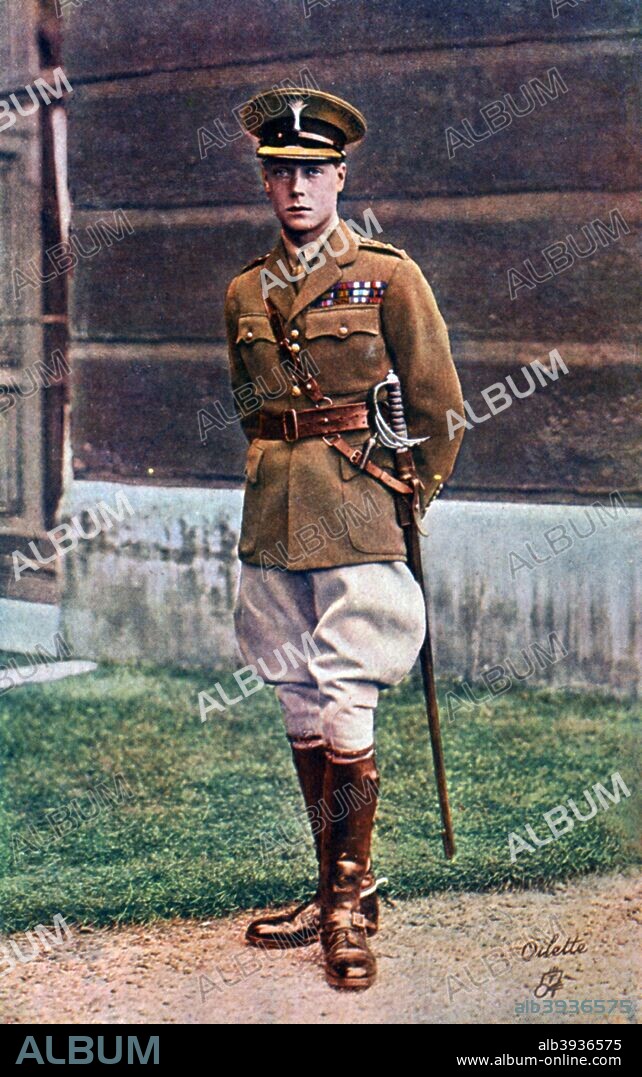 Edward, Prince of Wales, in army uniform, early 20th century. Edward served in the Grenadier Guards during World War I. He became king when his father, George V, died in 1936, but abdicated in order to marry Wallis Simpson, an American divorcee, thus heading off an impending constitutional crisis.