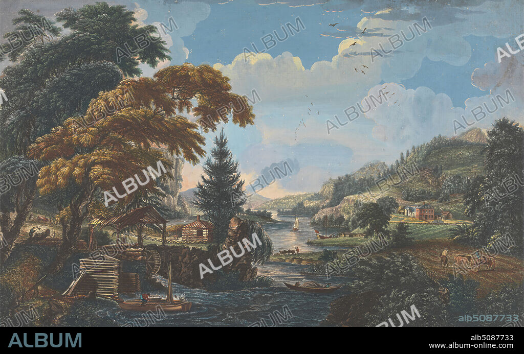 One of Six Remarkable Views in the Provinces of New York, New Jersey and Pennsylvania from SCENOGRAPHI AMERICANA: A Design to represent the beginning and completion of an American Settlement or Farm., James Peak, 17031782, British, Paul Sandby RA, 17311809, British, after drawings by Thomas Pownall, 17221805, British, 1761, Color engraving, Sheet: 13 1/8 x 20 9/16in. (33.3 x 52.2cm).