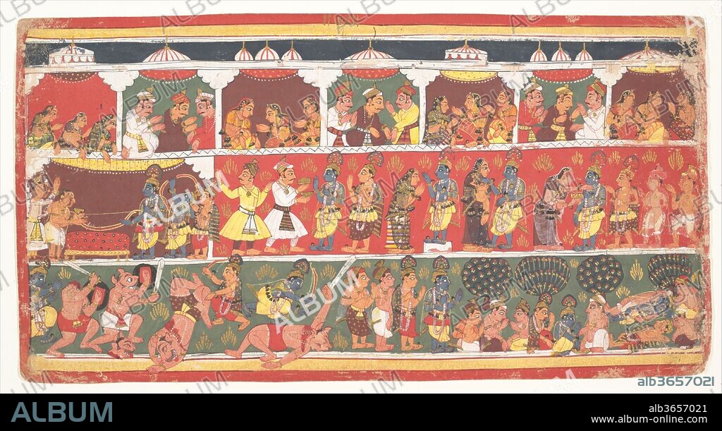 Encounters in Mathura: Page from a Dispersed Bhagavata Purana (Ancient Stories of Lord Vishnu). Culture: India (Madhya Pradesh, Malwa). Dimensions: 7 9/16 x 14 3/16 in. (19.2 x 36 cm). Date: ca. 1700.
In this triple-register scene, the nobility of Mathura watch as Krishna and Balarama participate in the bow sacrifice and other heroic deeds (Bhagavata Purana 10.42.15-.22).