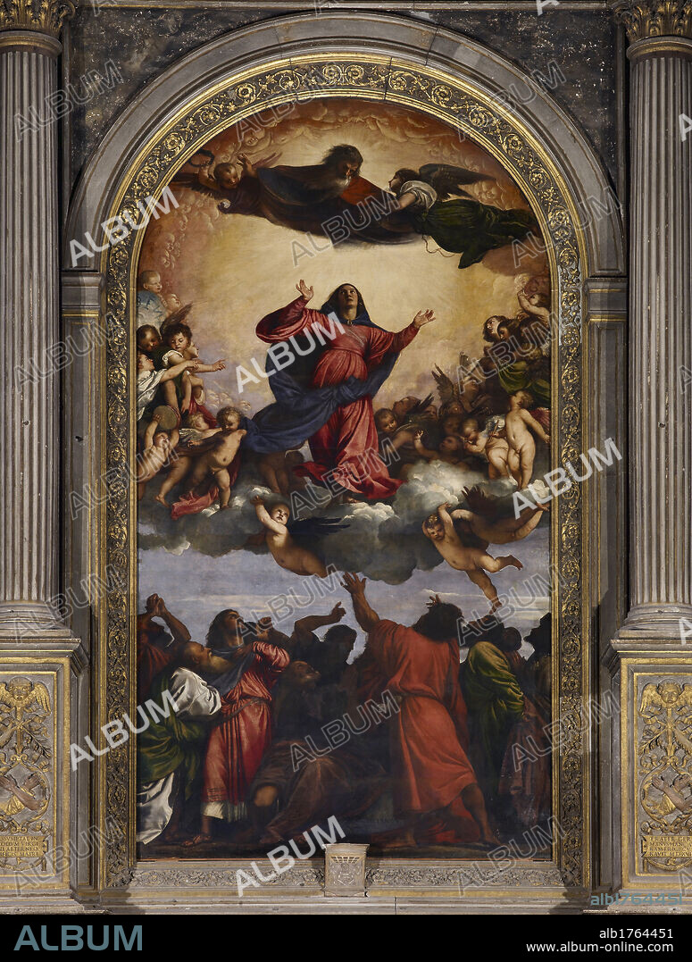  The Assumption of the Virgin, by Tiziano Vecellio known as Titian, 1516-1518, 16th Century, oil on panel, cm 690 x 360. Italy, Veneto, Venice, Santa Maria Gloriosa dei Frari Basilica. All. Work divided into three registers. Above, God Father surrounded by a ring of cherubs. In the center, the Virgin with red dress and dark blue veil, surrounded by angels. In the lower register, the apostles look toward the sky. Bottom, on a marble pedestal the signature of the author (Photographic Campaign 2010).