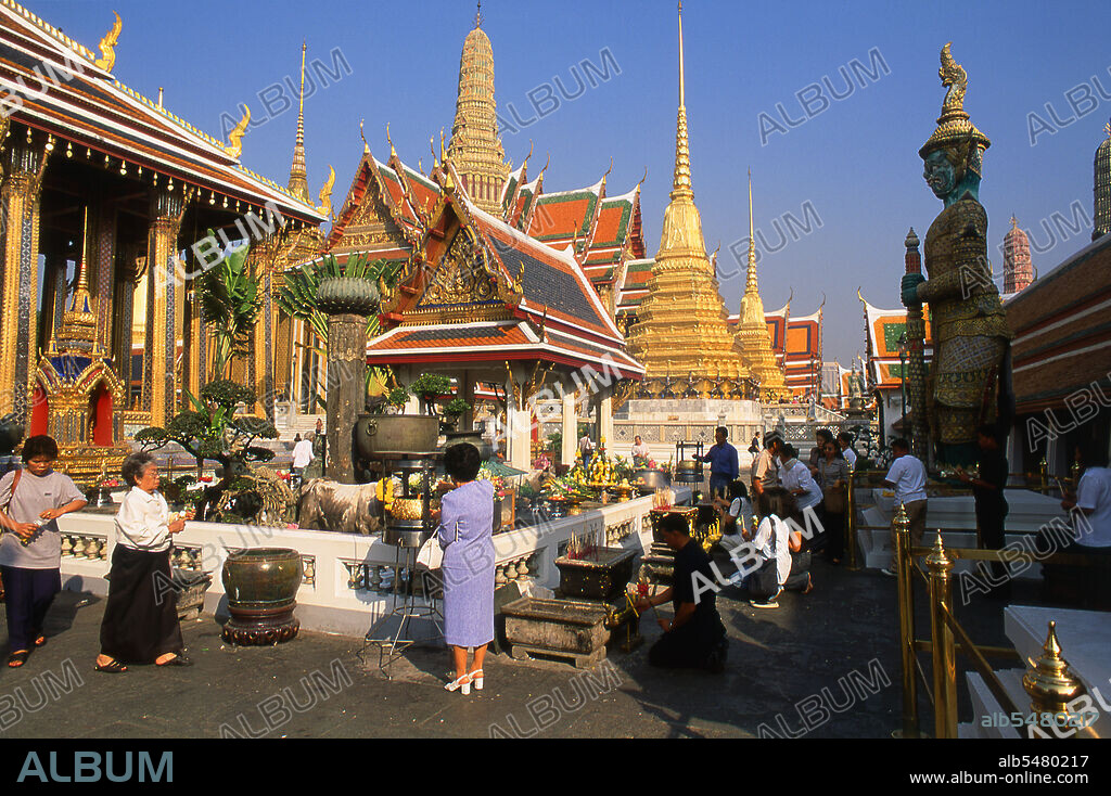 Wat Phra Kaew (Temple of the Emerald Buddha); full official name Wat Phra Si Rattana Satsadaram is regarded as the most sacred Buddhist temple in Thailand. It is located within the precincts of the Grand Palace. The Grand Palace served as the official residence of the Kings of Thailand from the 18th century onwards. Construction of the Palace began in 1782, during the reign of King Rama I, when he moved the capital across the river from Thonburi to Bangkok.