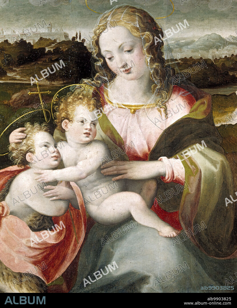 MICHELE TOSINI. Madonna and Child with the Young Saint John the Baptist, c1565. This charming image depicts the Madonna holding the Christ Child on her lap as he reaches over to embrace his cousin John the Baptist, patron saint of Florence. With his arms folded over his chest in a sign of reverence, the Baptist lovingly looks toward Christ, who in turn twists around to lock us with his mother. The sprawling landscape behind the figures includes views of two distant cities at the left and right. With its lively brushwork, pastel colors, and complex, twisting poses, the painting is a characteristic example of mannerism, a 16th-century style focused more on expression than naturalism.