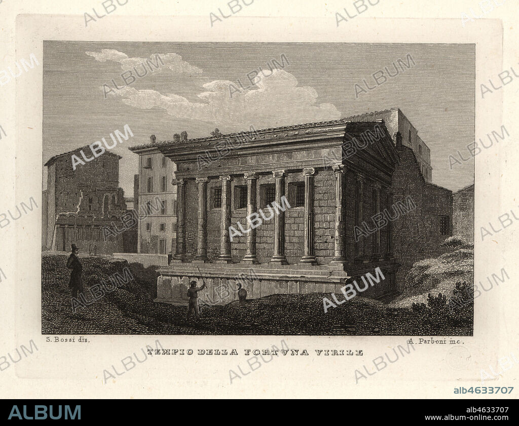 View of the Temple of Portunus, Tempio di Portuno or Tempio della Fortuna Virile. Copperplate engraving by A. Parboni after an illustration by Sylvestro Bossi from Achille Parboni's New Collection of Principal Views Ancient and Modern of the City of Rome, 1830.