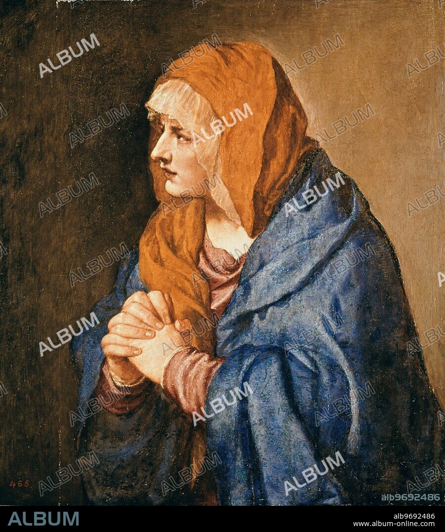 Our Lady in Sorrow. The Madonna of Sorrow. by Titian. in the Prado Museum, Madrid. Tiziano Vecelli or Vecellio (c. 1488-90 - August 27, 1576), known as Titian, is considered one of the great 16th century Renaissance painters of Venice, Italy. He was born at Pieve di Cadore (Veneto) in Italy, and died at Venice. During his lifetime he was often called Da Cadore, from the place of his birth, and has also been designated Il Divino. Â©TopFoto.
