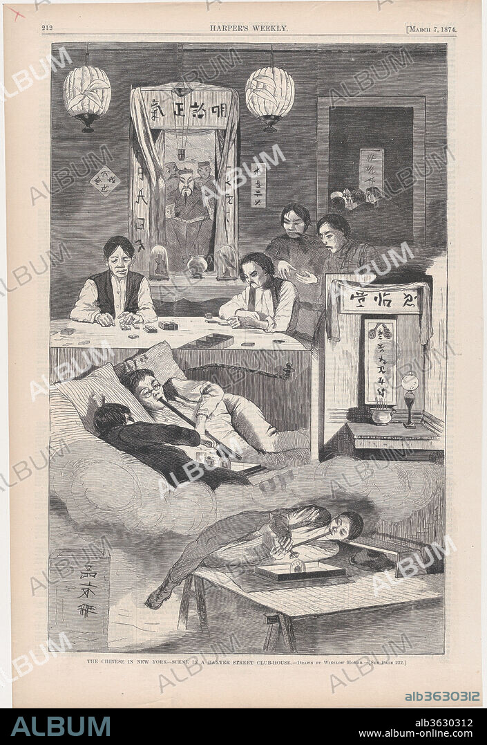 The Chinese in New York - Scene in a Baxter Street Club-House - Drawn by Winslow Homer (Harper's Weekly, Vol. XVIII). Artist: Winslow Homer (American, Boston, Massachusetts 1836-1910 Prouts Neck, Maine). Dimensions: image: 10 7/8 x 9 1/8 in. (27.6 x 23.2 cm)
sheet: 15 13/16 x 10 9/16 in. (40.2 x 26.9 cm). Publisher: Harper's Weekly (American, 1857-1916). Date: March 7, 1874.